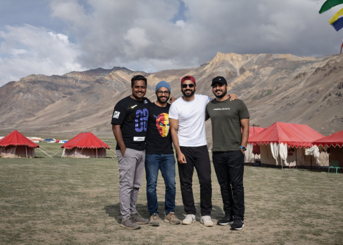 Happy group of international tourists enjoying hospitality at our Sarchu campsite, suitable for large expeditions and groups